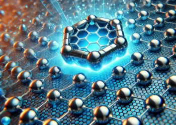 DALL·E 2025 01 07 13.03.57 A high tech futuristic image showcasing the concept of graphene a carbon material with hexagonal atomic structure. The image should depict a microsc