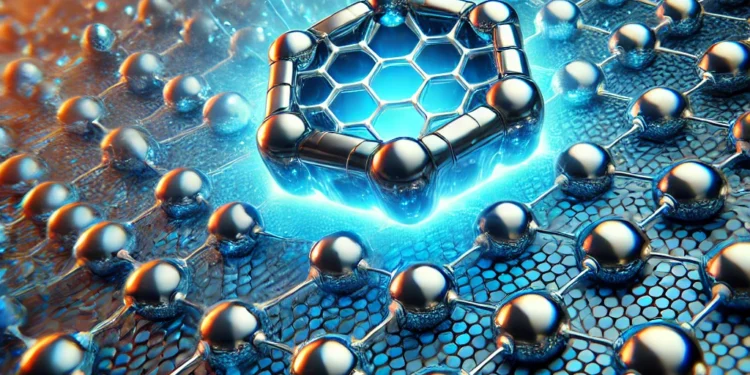 DALL·E 2025 01 07 13.03.57 A high tech futuristic image showcasing the concept of graphene a carbon material with hexagonal atomic structure. The image should depict a microsc