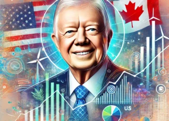 DALL·E 2025 01 08 10.38.23   An artistic illustration capturing the essence of stock investing inspired by Jimmy Carter's legacy. The image features a conceptual blend of Carter's