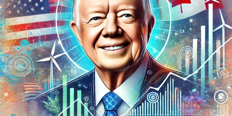 DALL·E 2025 01 08 10.38.23   An artistic illustration capturing the essence of stock investing inspired by Jimmy Carter's legacy. The image features a conceptual blend of Carter's