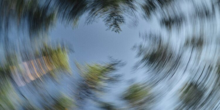 Trees and sky blurred with a radial effect.