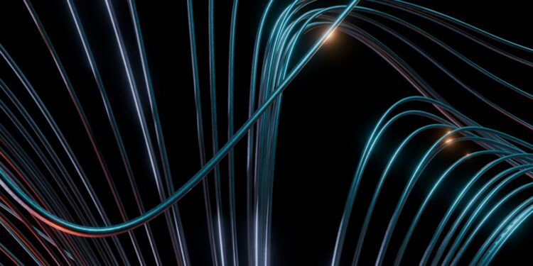 Abstract blue and orange glowing lines on black background