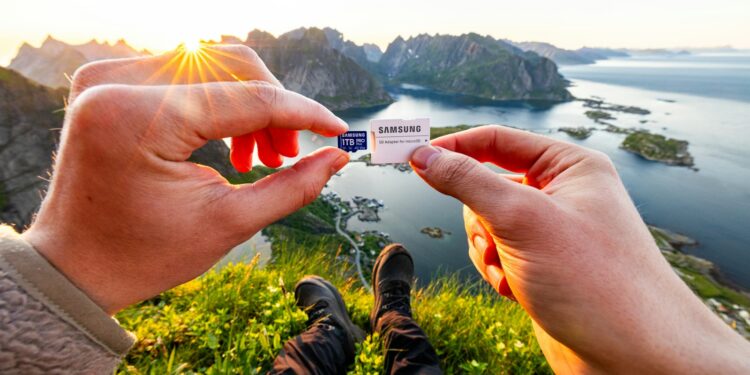 Hands hold sd card against scenic mountain and sea landscape.