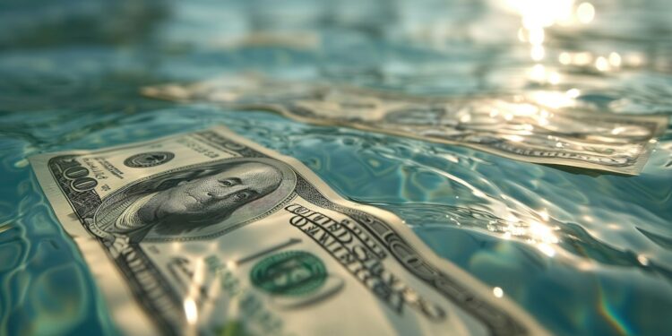 a dollar bill floating in a pool of water
