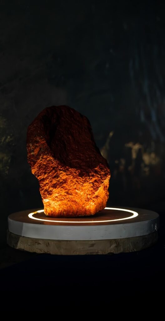 A stone is illuminated on a round pedestal.