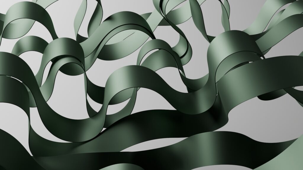 A computer generated image of a wave of green ribbon