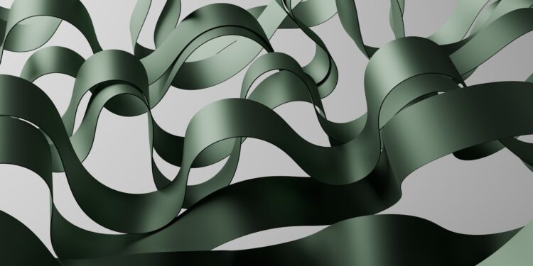 A computer generated image of a wave of green ribbon