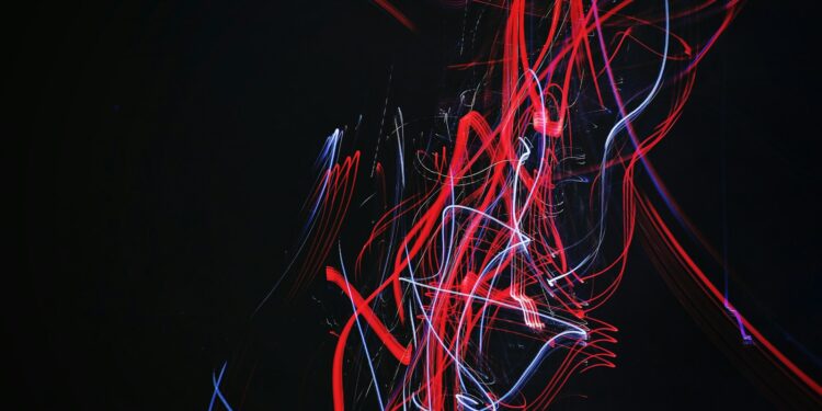 red and blue doodle artwork with black background