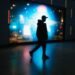 Silhouette of a man walking past a brightly lit display.